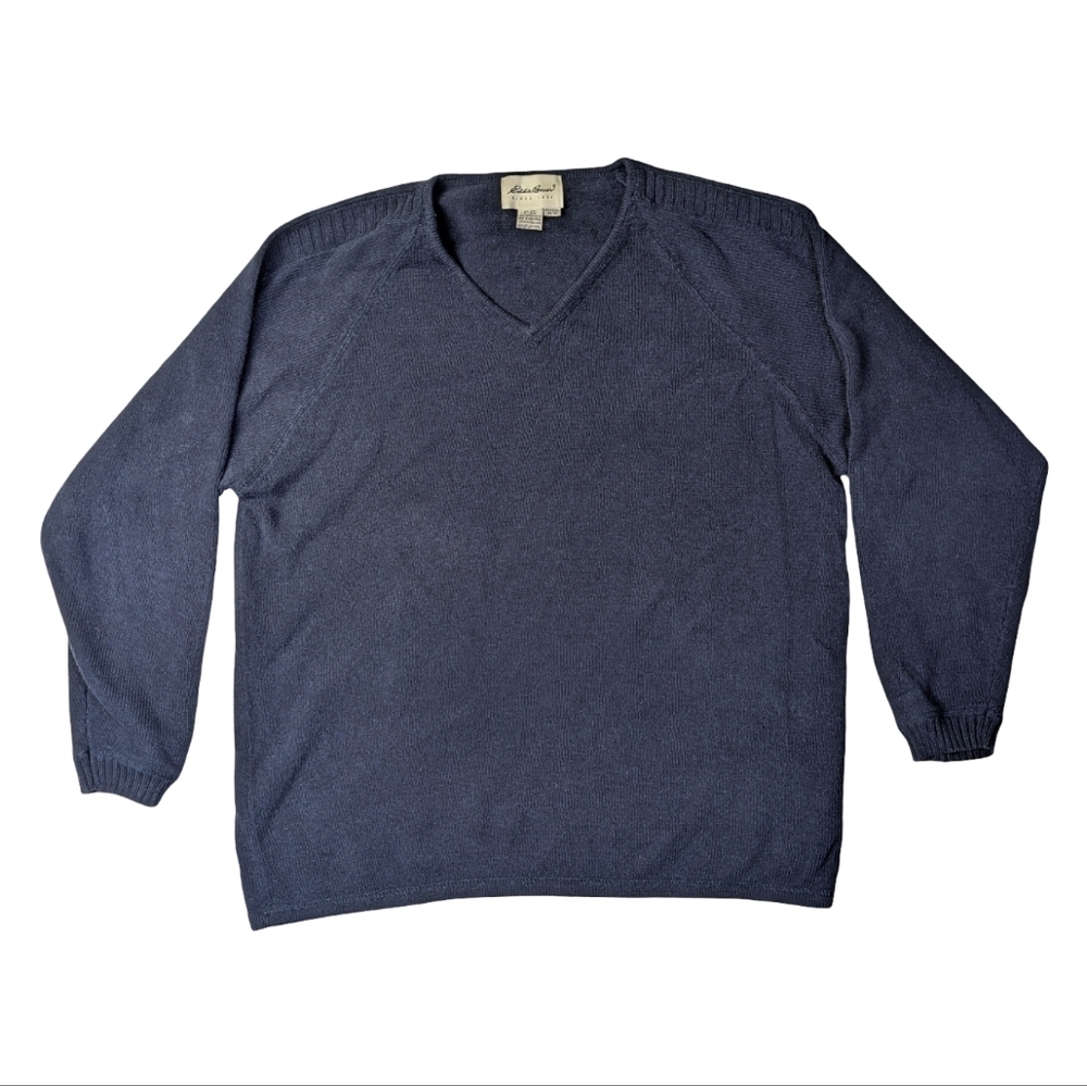 Vintage Eddie Bauer Navy V-Neck Cotton Knit Sweater | Men’s Medium